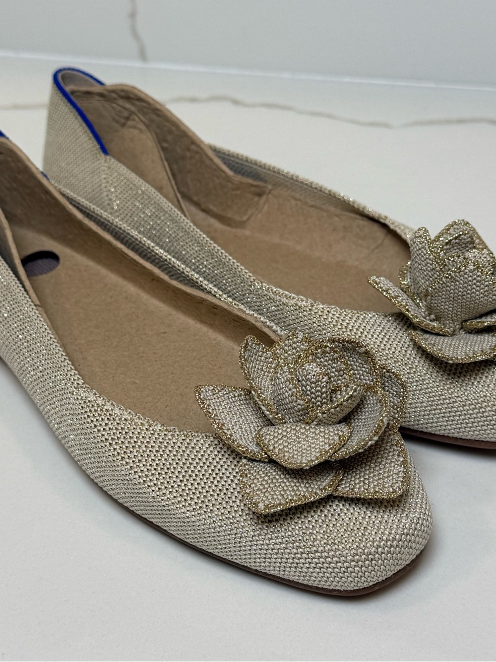Rothy’s The Petal Square Gold Metallic Flats Size 7 1/2 New in box